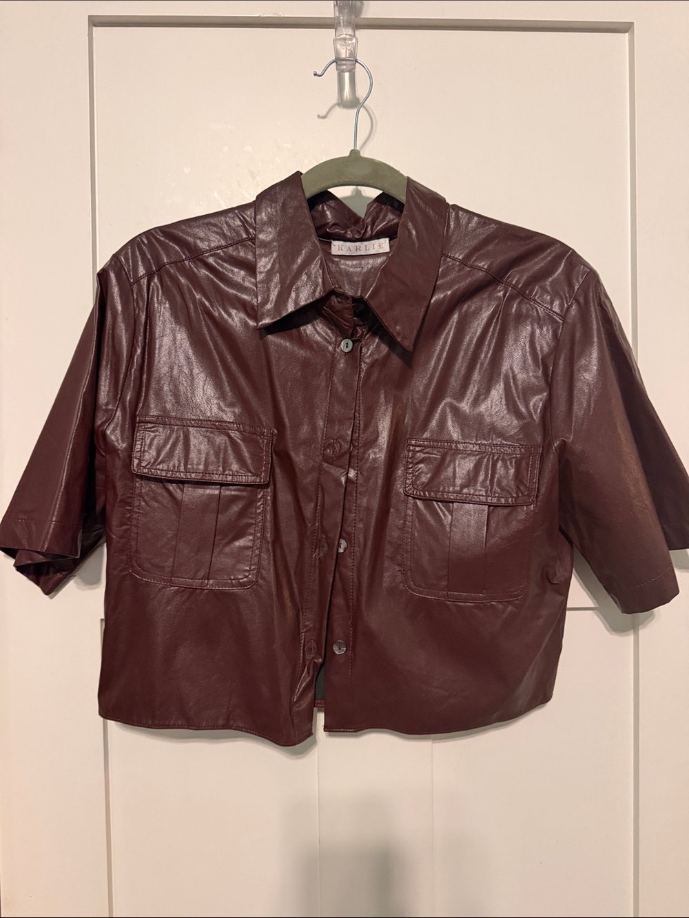 Karlie Dark Burgundy Faux Leather Cropped Boxy Button Shirt Jacket Size M